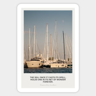 Mediterranean photography in Mallorca with yachts, palms and sea quote Sticker